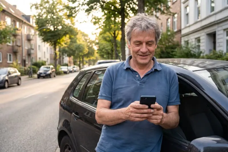 Fahrlehrer lehnt nach Feierabend am Auto und liest lächelnd auf dem Handy