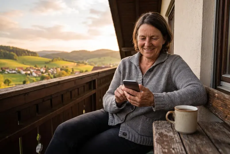 Gastgeberin sitzt abends auf dem Balkon ihrer Pension mit Blick ins Grüne und liest lächelnd auf dem Handy