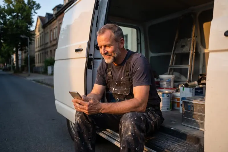 Malermeister sitzt nach Feierabend lächelnd in der Tür seines Transporters und liest auf dem Handy