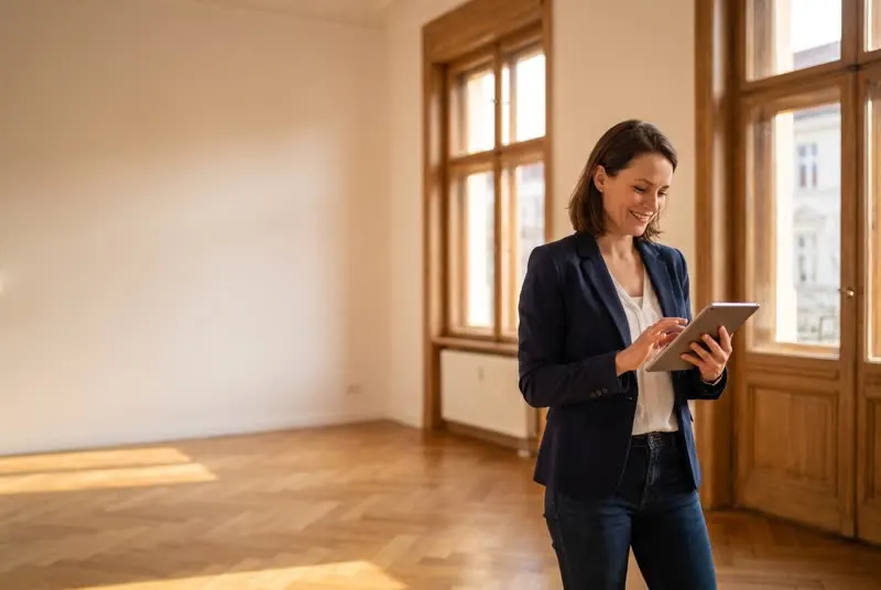 Maklerin liest lächelnd auf dem Tablet in einer hellen, leeren Altbauwohnung