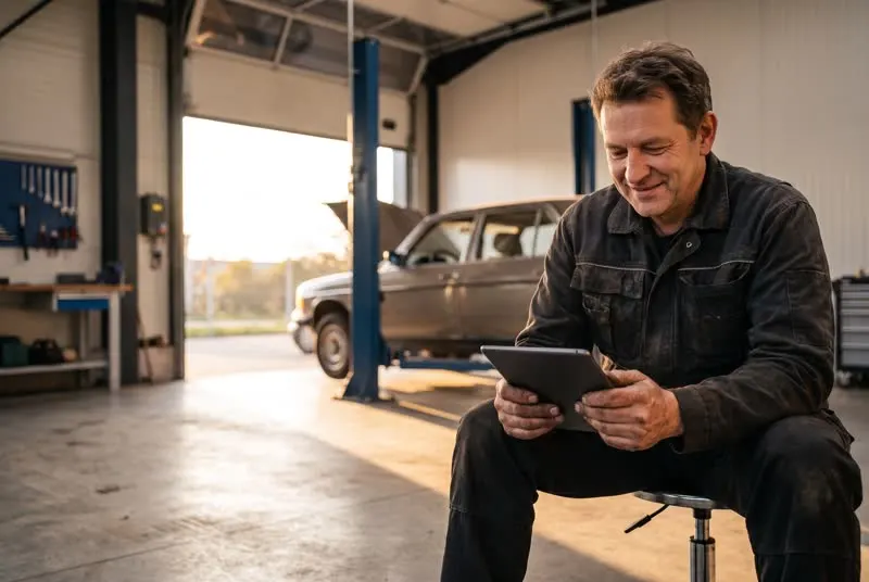 Kfz-Meister sitzt nach Feierabend in seiner Werkstatt und liest lächelnd auf dem Tablet